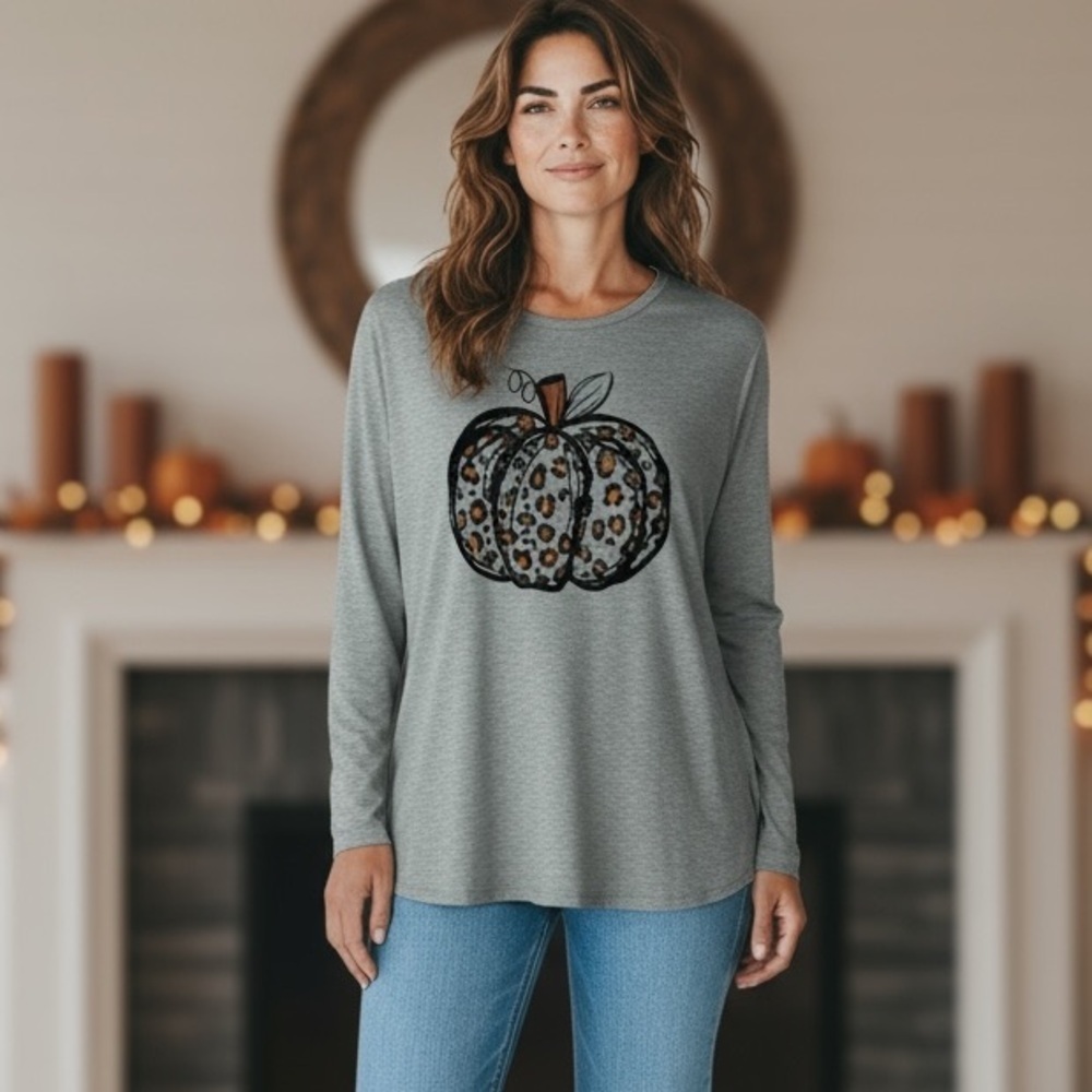 Leopard Print Fall Pumpkin Shirt Size XL
